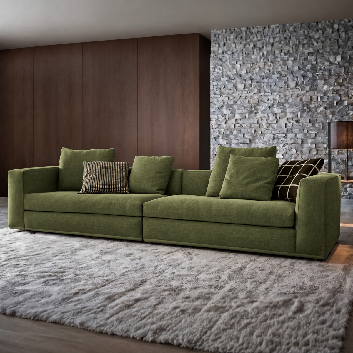 كنبة خشب زان كتان ناعم - أخضر زيتي - Sofa-664